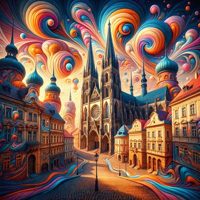 The primary subject of the image is a large, colorful building with a clock tower, which appears to be a church. The setting is a city street with a cobblestone road, and the visual style is a combination of digital art and illustration. The colors and mood of the image are vibrant and lively, with a focus on the church and its surroundings.